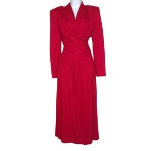 VTG LINDA LEWIS Wool Red Pleated Midi A-Line Long Sleeve Dress 4 Small